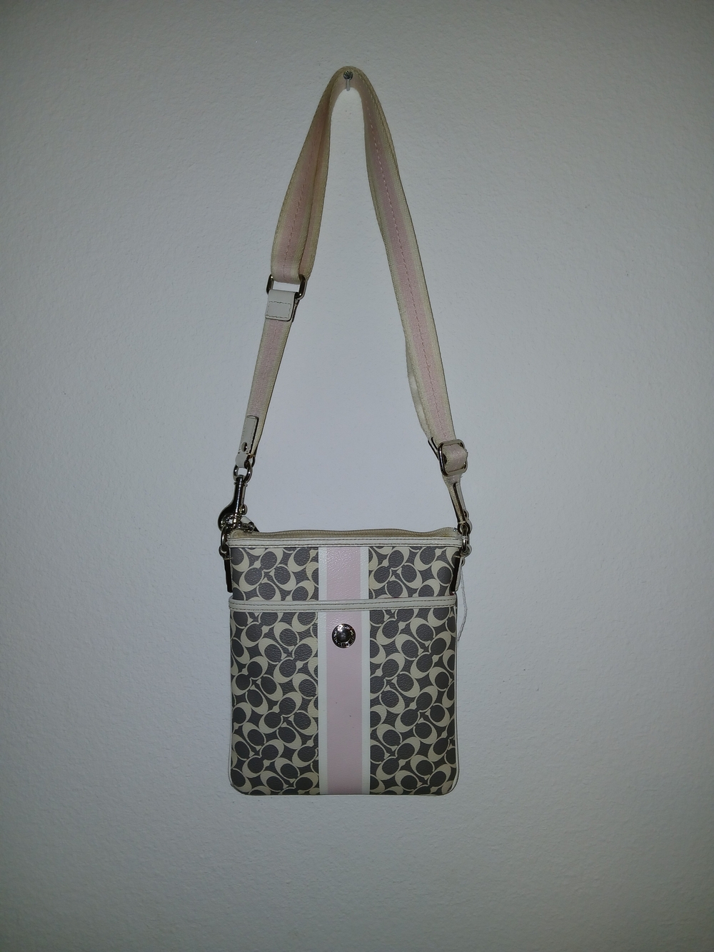 Coach Small Crossbody with Pink Stripe and Gray Signature Print